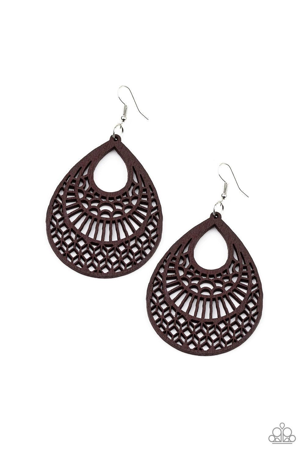 Paparazzi Accessories Shoulda Coulda WOODa - Brown Painted in a brown finish, a decorative teardrop wooden frame swirling with filigree detail swings from the ear for a seasonal look. Earring attaches to a standard fishhook fitting. Jewelry