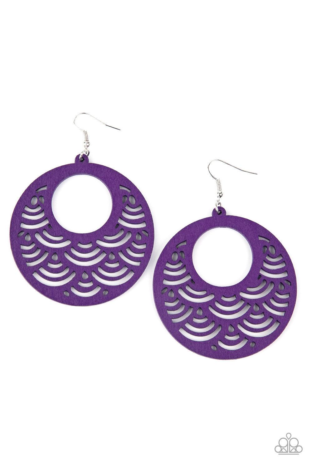 Paparazzi Accessories SEA Le Vie - Purple Stenciled in an airy scalloped cutout pattern, a vivacious purple wooden frame swings from the ear for a colorful tropical inspiration. Earring attaches to a standard fishhook fitting. Sold as one pair of earrings