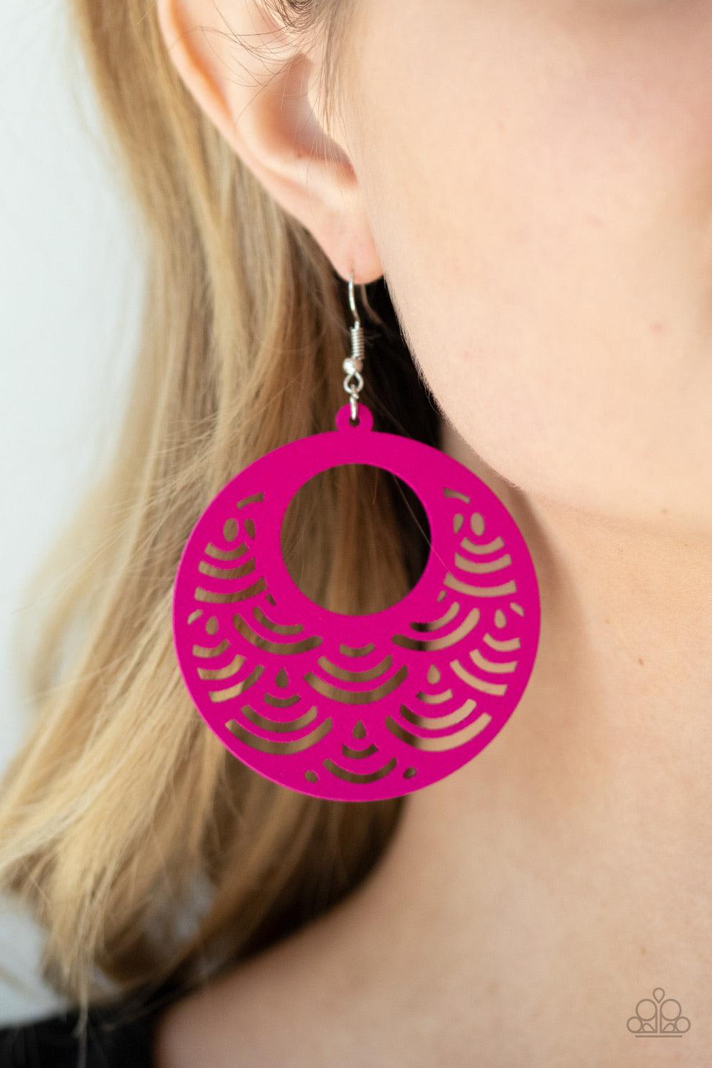 Paparazzi Accessories SEA Le Vie! - Pink Stenciled in an airy scalloped cutout pattern, a vivacious pink wooden frame swings from the ear for a colorful tropical inspiration. Earring attaches to a standard fishhook fitting. Sold as one pair of earrings. J
