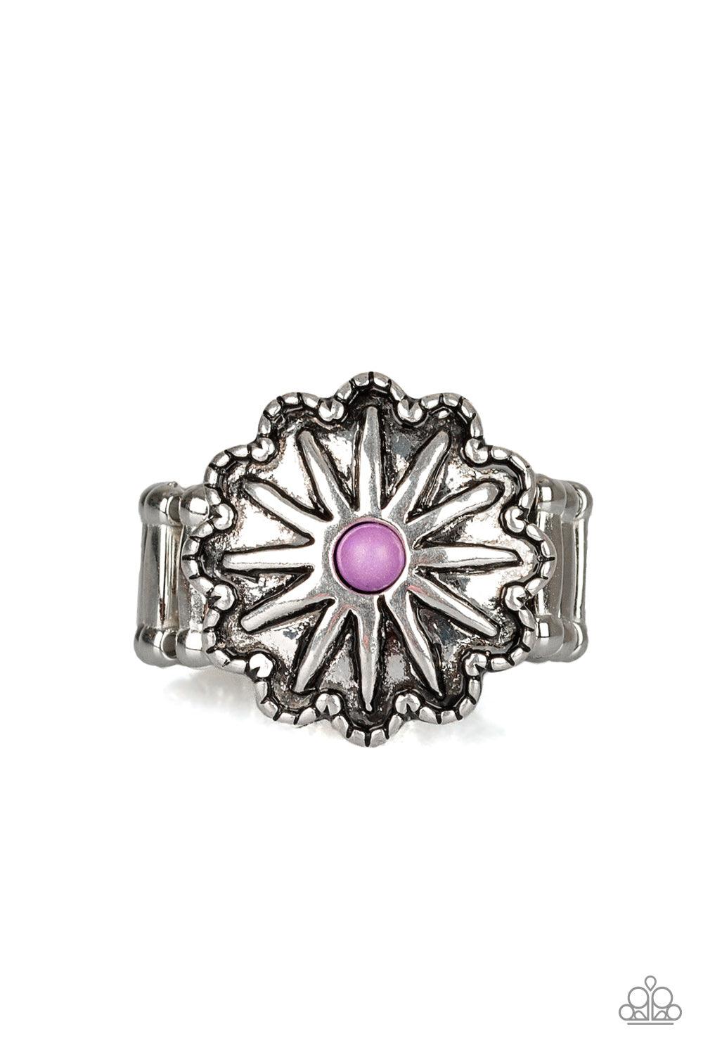Paparazzi Accessories Stone Sensei - Purple A dainty purple stone bead is pressed into the center of an antiqued silver frame radiating with floral detail for a seasonal flair. Features a stretchy band for a flexible fit. Sold as one individual ring. Jewe