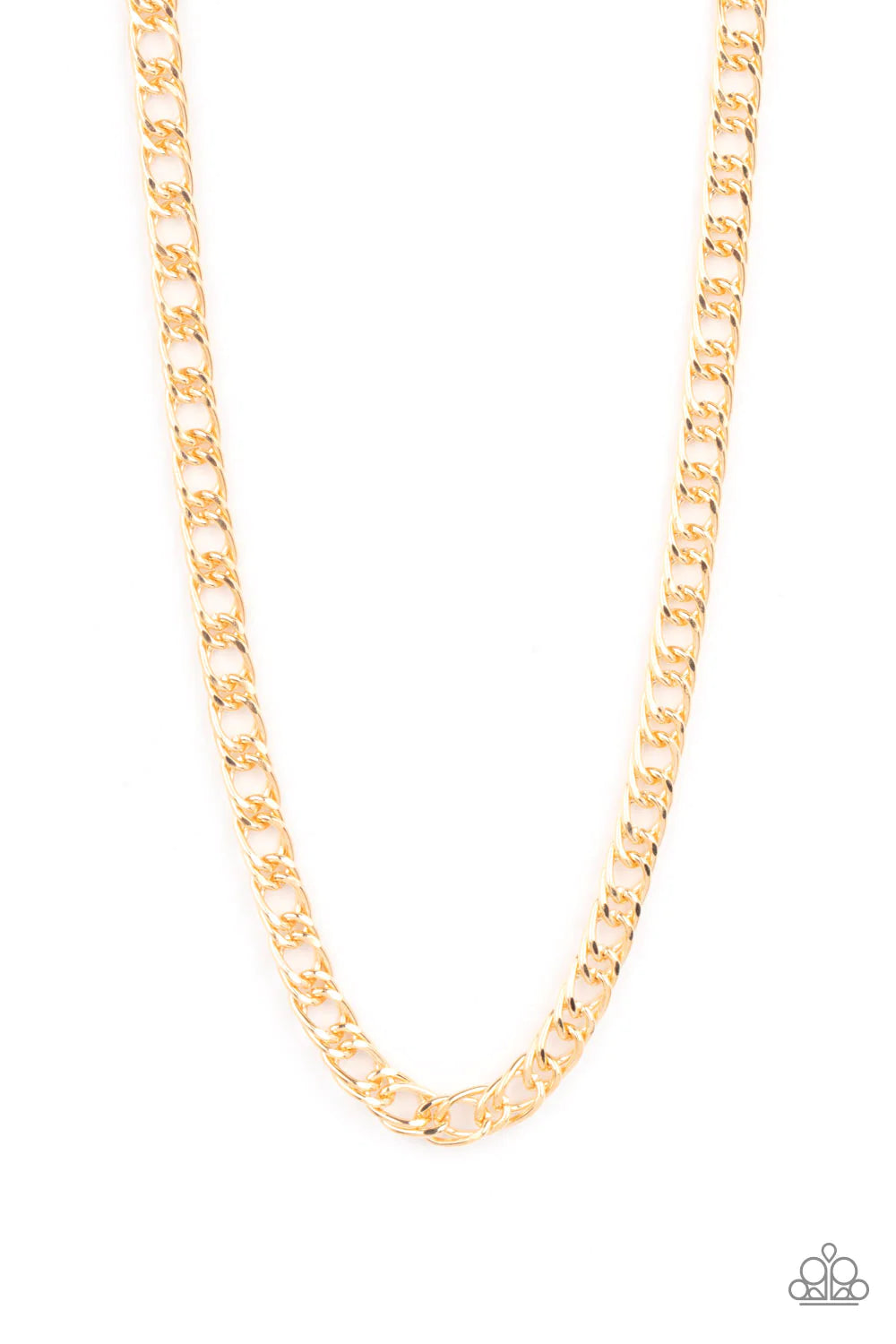 Paparazzi Accessories Ground Game - Gold This chain features an adjustable clasp closure, and oversized oval links that drape below the collar for a bold industrial look. The gold chain drapes beautifully down the back making this necklace perfect for eve