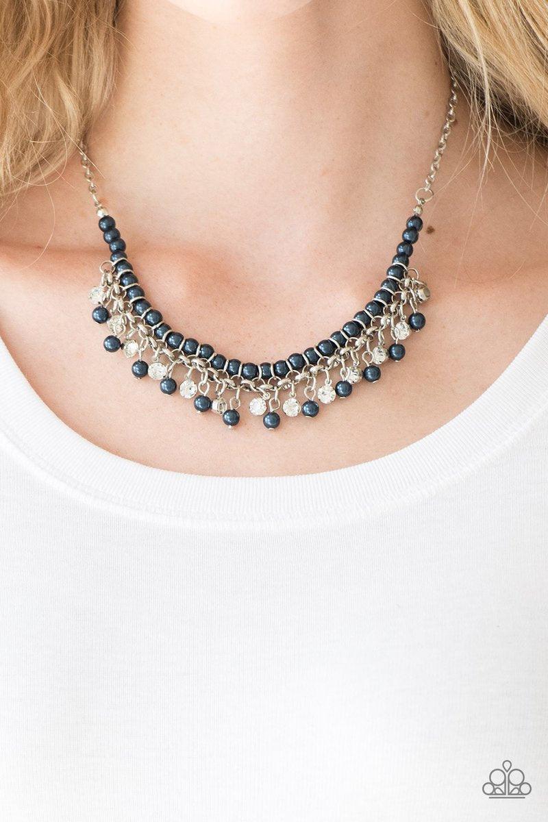 Paparazzi Accessories A Touch of CLASSY - Blue Infused with silver chain, blue pearls are threaded along an invisible wire below the collar. Matching blue pearls and glittery white rhinestones swing from the pearly strand, creating a flirtatious fringe be