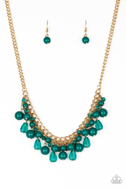Paparazzi Accessories Tour de Trendsetter - Green Varying in shape, glassy and polished Quetzal Green beads swing from the bottom of interlocking gold chains. Crystal-like teardrops are sprinkled along the colorful beading, creating a flirtatious fringe b
