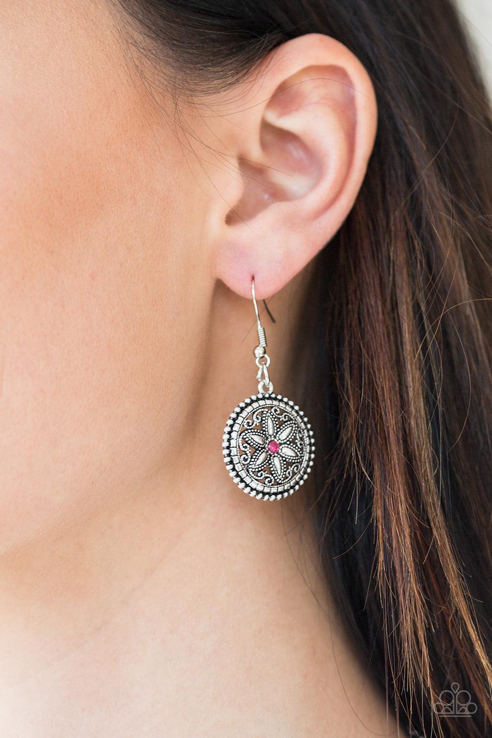 Paparazzi Accessories Written In The STAR LILLIES - Pink Dotted with glittery pink rhinestone centers, floral silver frames gradually increase in size as they link below the collar for a whimsical look. Features an adjustable clasp closure. Jewelry