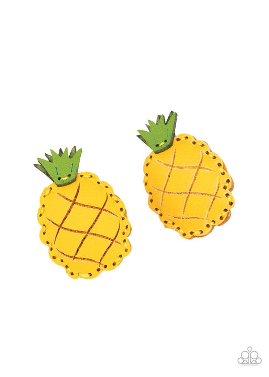 Paparazzi Accessories PINEAPPLE Of My Eye - Yellow Featuring life-like textures, a pair of puffy yellow leather pineapples are delicately stitched together with green leafy accents, creating a summery look. Features standard hair clips on the back. Sold a