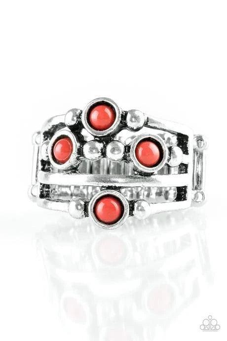 Paparazzi Accessories Beach House Party - Red Refreshing red beads sporadically dot studded silver bands, creating a beautiful display of mismatched shimmer across the finger. Features a stretchy band for a flexible fit. Sold as one individual ring. Jewel