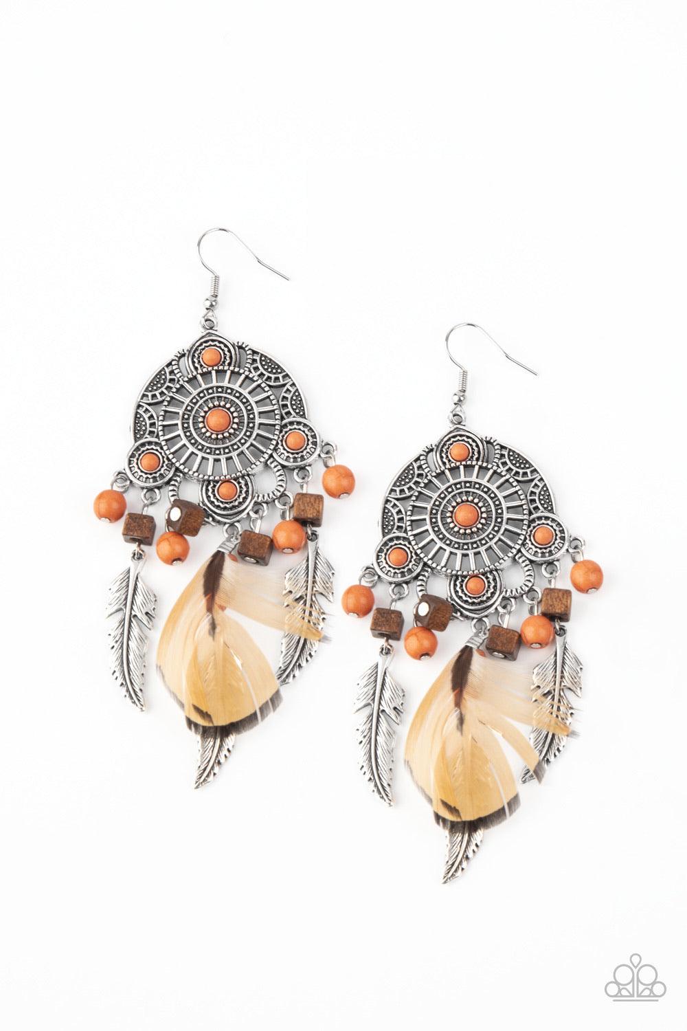 Paparazzi Accessories Desert Plains - Orange Radiating with studded patterns, an orange stone dotted silver frame gives way to a whimsical collection of silver feather charms, wooden cube beads, refreshing orange stones, and a brown feather, creating a wh
