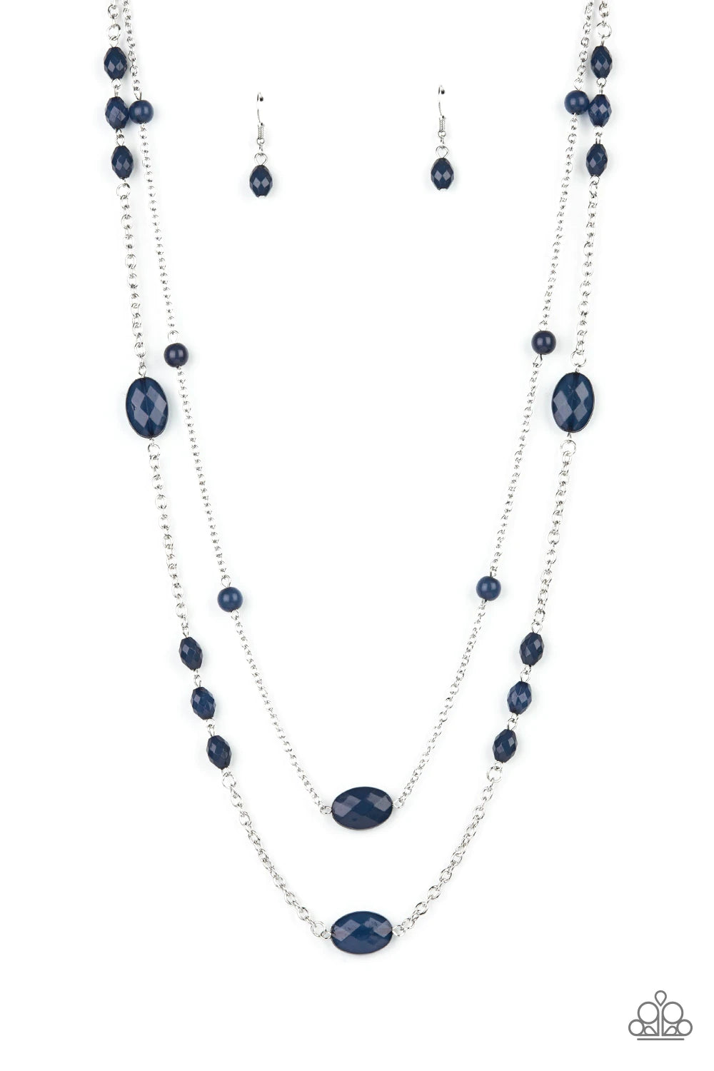 Paparazzi Accessories Day Trip Delights - Blue A pair of lengthened silver chains are accented with deep Navy Blue faceted beads in varying sizes for a delightfully whimsical display. Features an adjustable clasp closure. Sold as one individual necklace.