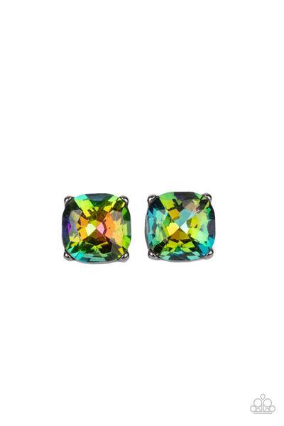 Paparazzi Accessories Royalty High - Multi A dramatically oversized oil spill gem is nestled atop a pronged gunmetal frame, creating a jaw-dropping dazzle. Earring attaches to a standard post fitting. Sold as one pair of post earrings. Jewelry