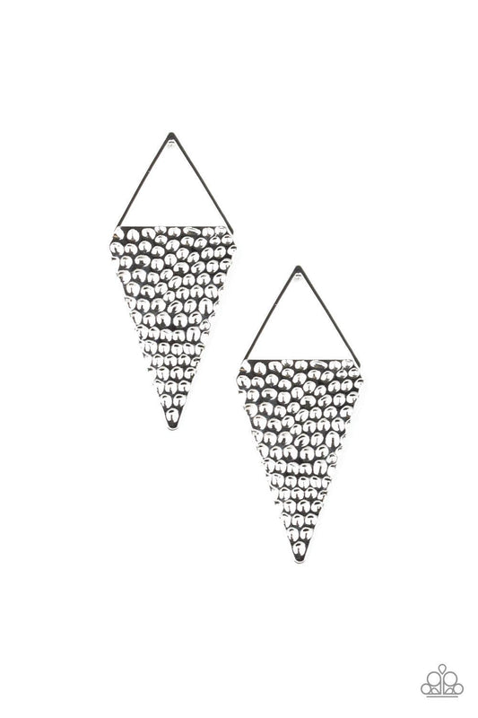 Paparazzi Accessories Have A Bite - Silver A hammered triangular frame attaches to a glistening silver triangular silhouette, creating an edgy lure. Earring attaches to a standard post fitting. Sold as one pair of post earrings. Jewelry