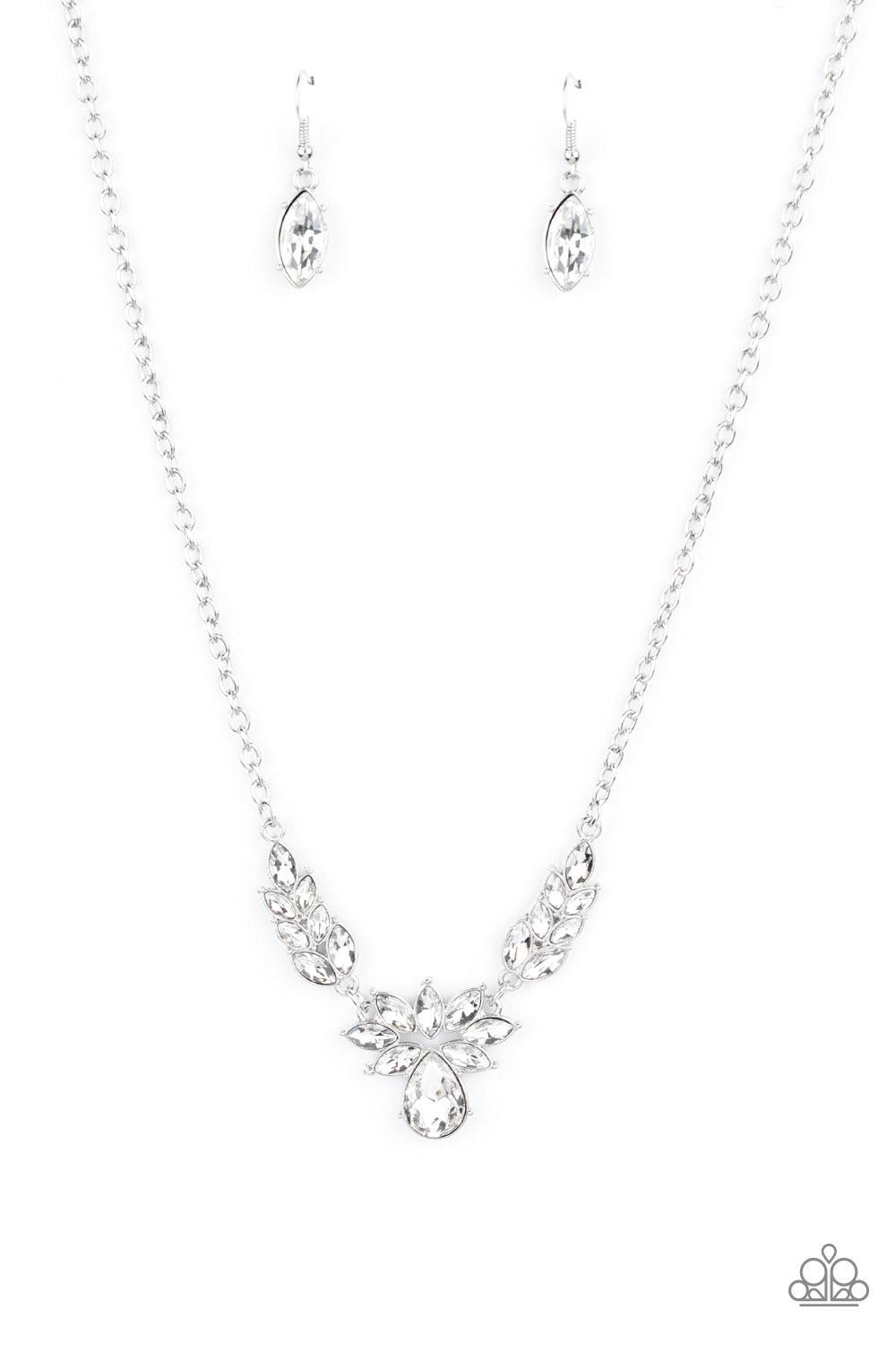 Paparazzi Accessories I Need Some HEIR - White Dotted with marquise style white rhinestones, leafy silver frames delicately connect into a vintage inspired pendant below the collar. An oversized white teardrop crowns the glittery centerpiece for an eye-ca