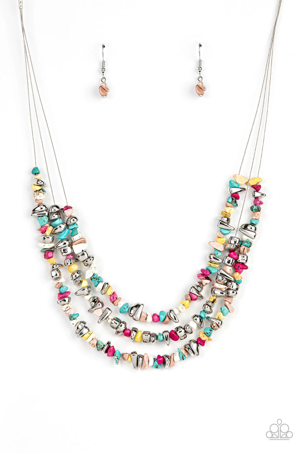 Paparazzi Accessories Placid Pebbles - Multi An earthy collection of raw cut silver and multicolored pebbles are threaded along dainty wires below the collar, creating refreshing layers. Features an adjustable clasp closure. Sold as one individual necklac