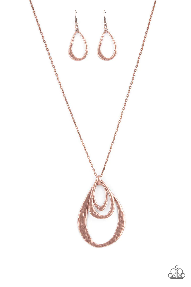 Paparazzi Accessories Relic Renaissance - Copper Hammered in a rustic finish, an oversized collection of asymmetrical copper teardrops layer at the bottom of a lengthened copper chain for an artisan inspired look. Features an adjustable clasp closure. Sol