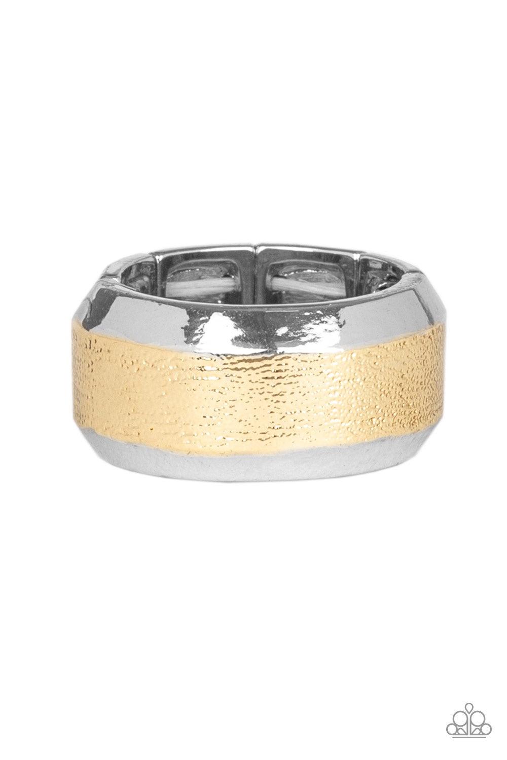 Paparazzi Accessories Checkmate - Multi The center of a beveled silver band has been delicately hammered in shimmery gold detail for a metro inspired look. Features a stretchy band for a flexible fit. Jewelry