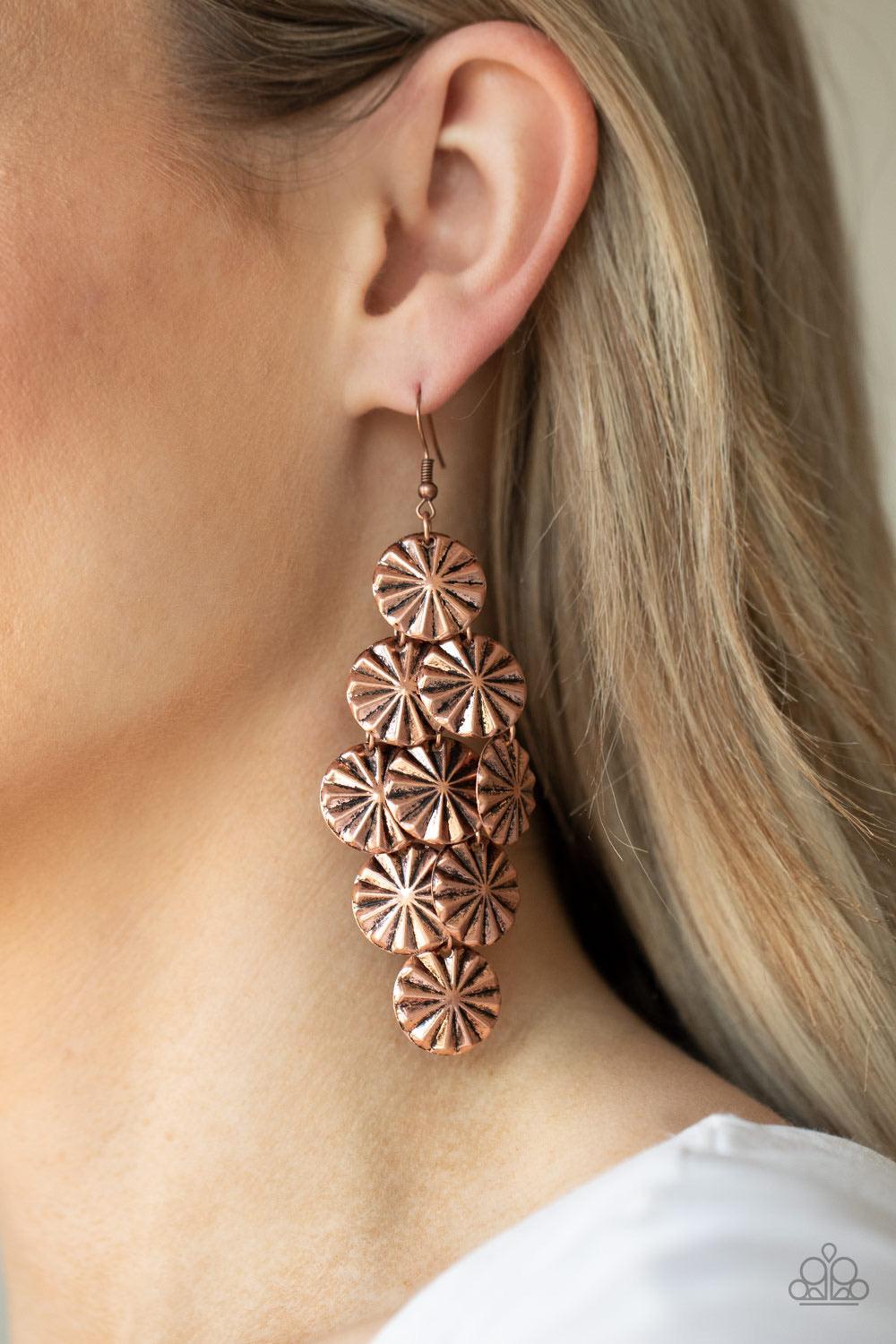 Paparazzi Accessories Star Spangled Shine - Copper Creased in star-like patterns, antiqued copper discs attach to a copper netted backdrop, linking into an edgy lure. Earring attaches to a standard fishhook fitting. Sold as one pair of earrings. Jewelry