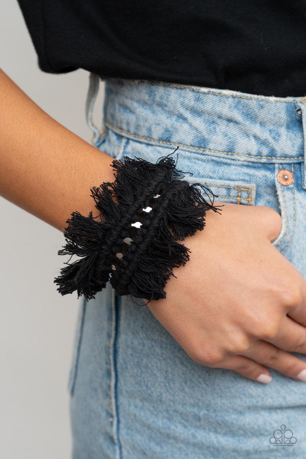 Paparazzi Accessories Homespun Hardware - Black Black thread decoratively knots around an airy silver cuff, creating a macramé inspired fringe around the wrist. Sold as one individual bracelet. Jewelry
