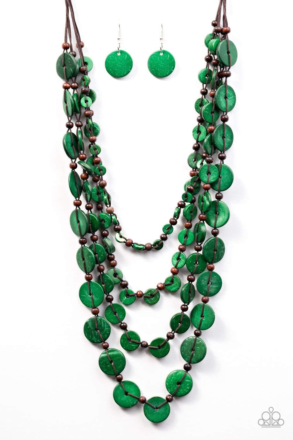 Paparazzi Accessories Fiji Flair - Green Tinted in an iridescent finish, green wooden discs and brown beads are knotted into four summery strands below the collar. The colorful accents gradually increase in size, adding depth to the layered look. Features