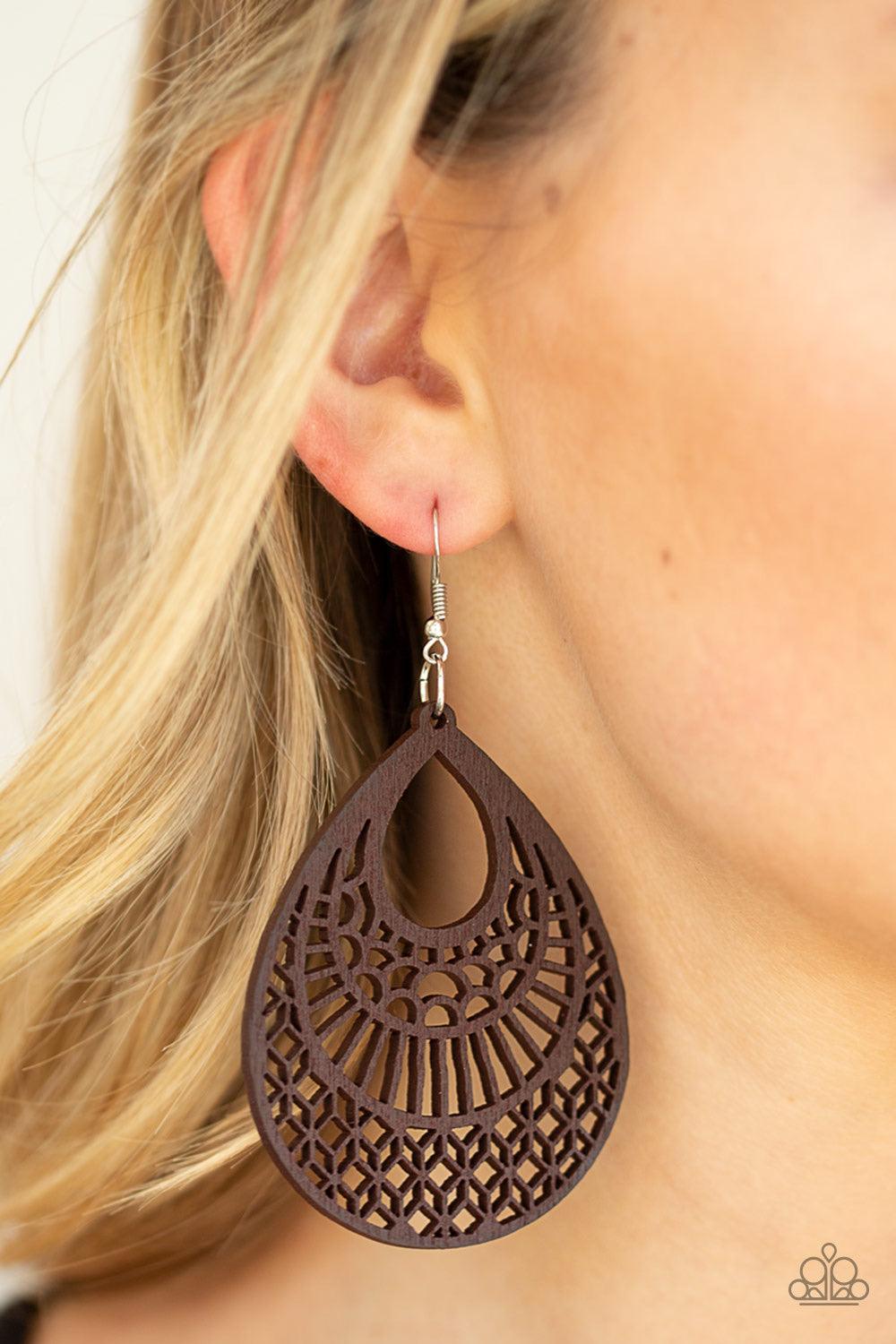 Paparazzi Accessories Shoulda Coulda WOODa - Brown Painted in a brown finish, a decorative teardrop wooden frame swirling with filigree detail swings from the ear for a seasonal look. Earring attaches to a standard fishhook fitting. Jewelry