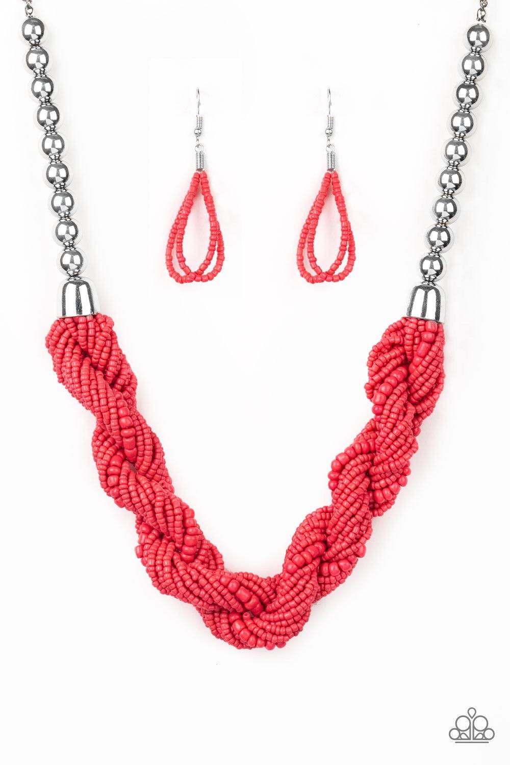 Paparazzi Accessories Savannah Surfin - Orange Glistening silver beads give way to strands of twisted Living Coral seed beads below the collar for a summery flair. Features an adjustable clasp closure. Jewelry
