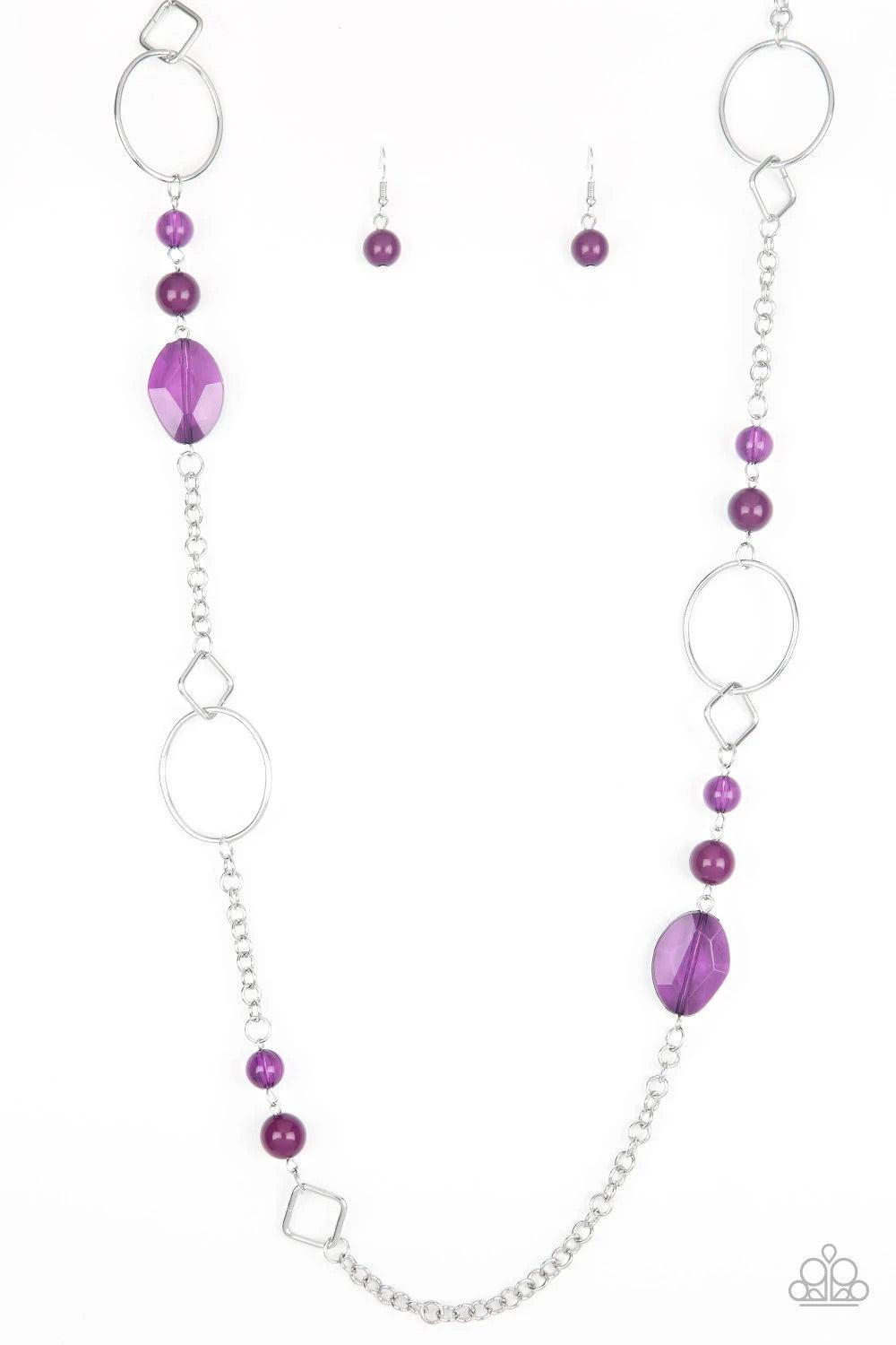Paparazzi Accessories Very Visionary - Purple Polished and glassy purple beads trickle along a shimmery silver chain featuring round and square frames for a seasonal look. Features an adjustable clasp closure. Sold as one individual necklace. Includes one