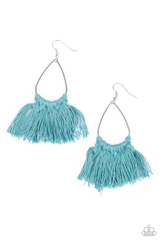 Paparazzi Accessories Tassel Treat - Blue Mosaic Blue threaded tassels knot around the bottom of a shimmery silver teardrop frame, creating a refreshing fringe. Earring attaches to a standard fishhook fitting. Jewelry