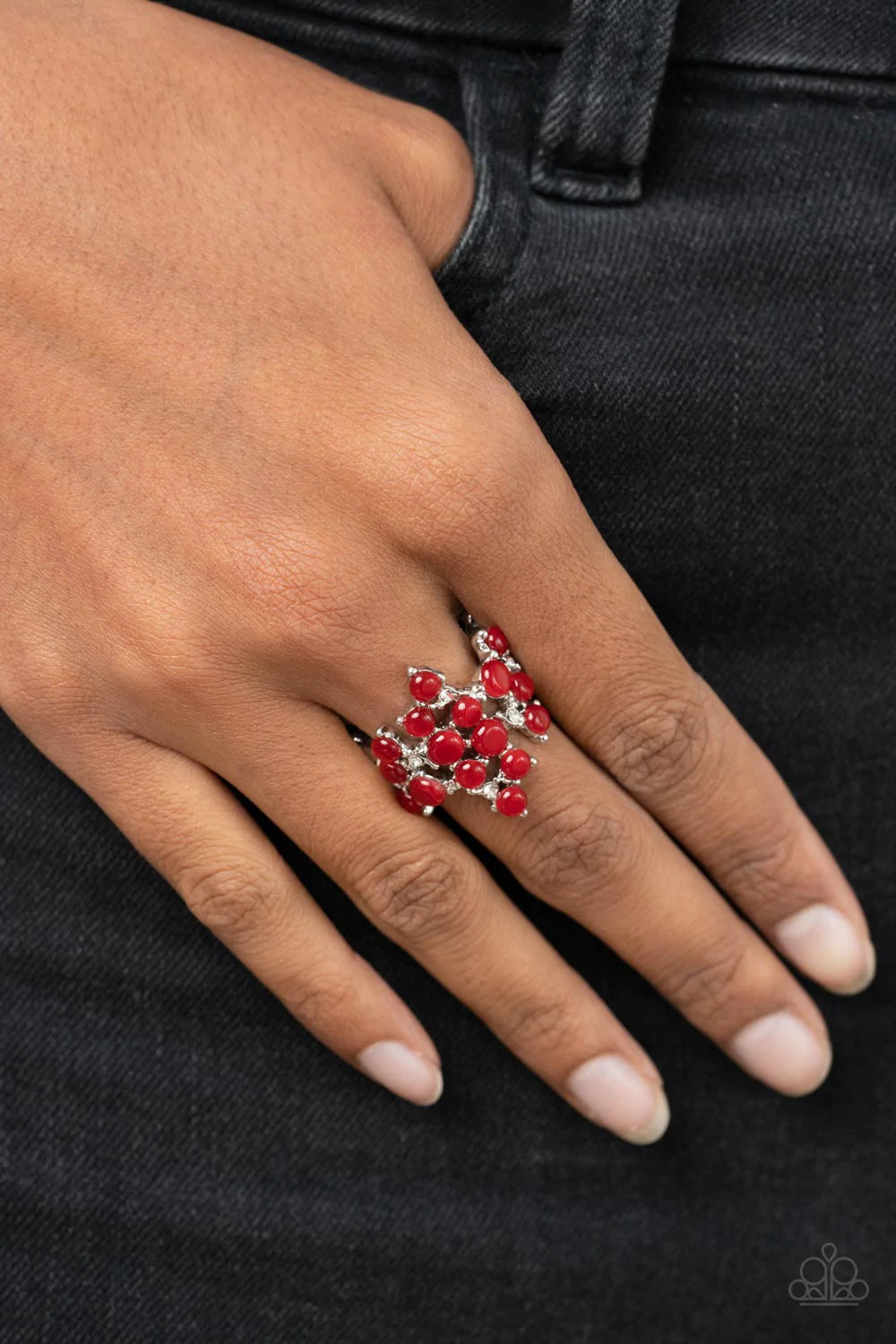 Paparazzi Accessories Seeing Eye to Cat’s Eye - Red Featuring pronged silver fittings, a dreamy collection of dainty white rhinestones and bubbly red cat's eye stones scatters across the finger for an enchanting fashion. Features a stretchy band for a fle
