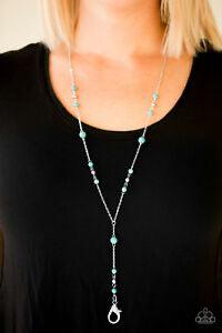 Paparazzi Accessories Modern Moutaineer - Blue *Lanyard Dainty turquoise stone and shiny silver beads trickle along a shimmery silver chain for a seasonal look. Matching beading trickles down an extended silver chain, creating an elegant elongating effect
