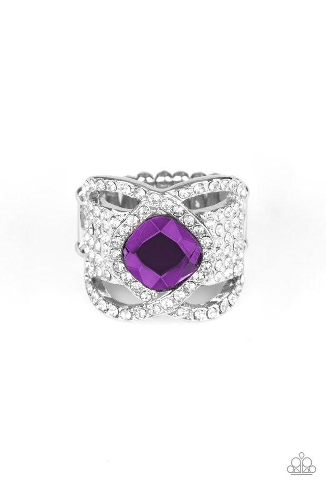 Paparazzi Accessories Triple Crown Twinkle ~Purple Featuring a regal cut, a dramatic purple rhinestone is nestled between interweaving white rhinestone encrusted bars atop a thick silver band stacked in row after row of white rhinestones for a statement-m