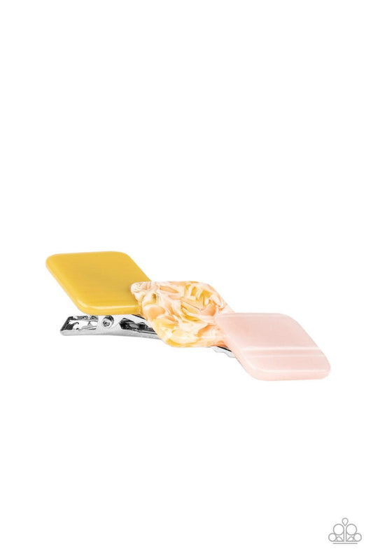 Paparazzi Accessories I’ll Take It From HAIR - Multi Featuring polished and shell-like finishes, a trio of pink, multicolored, and yellow square acrylic frames delicately overlap into a bubble display. Features a standard hair clip on the back. Sold as on