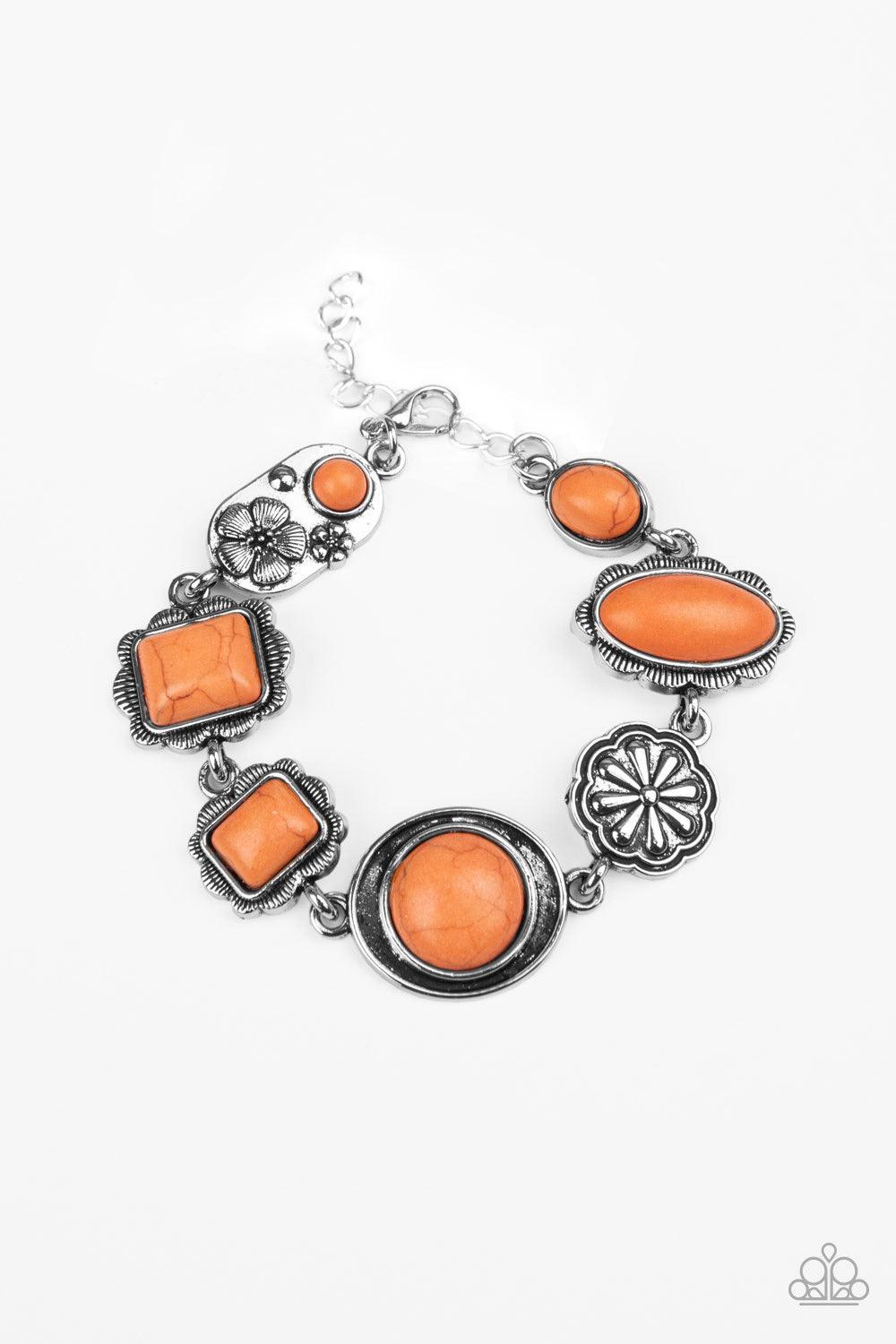 Paparazzi Accessories Gorgeously Groundskeeper - Orange a collection of antiqued silver frames link with a decorative floral charm around the wrist for a seasonal flair. Features an adjustable clasp closure. Jewelry