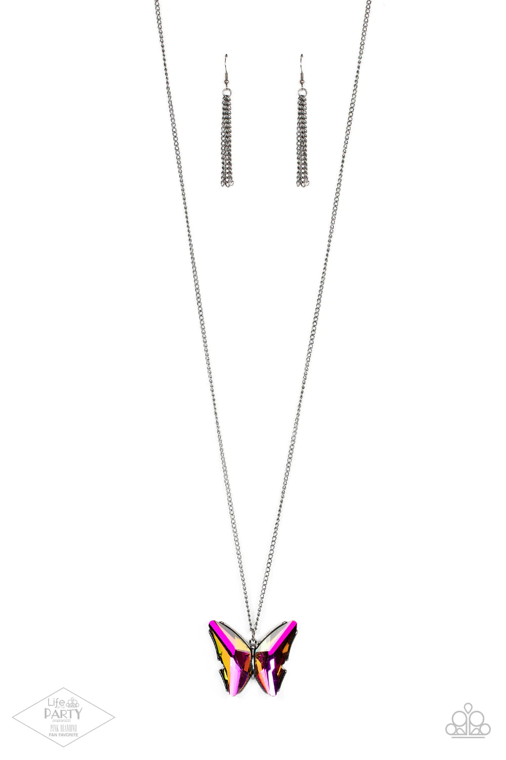 Paparazzi Accessories The Social Butterfly Effect - Multi 2 Featuring a stunning oil spill finish, dramatically faceted gems adorn the wings of a gunmetal butterfly, creating an ethereal pendant at the bottom of a lengthened gunmetal chain. Features an ad