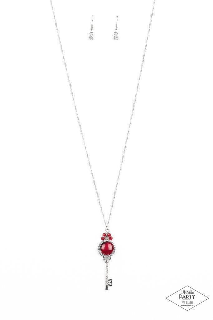 Paparazzi Accessories Unlock Every Door - Red A luminescent red cat's eye stone is pressed into a silver key charm, creating a colorful pendant. Infused with iridescent red cat's eye beading, the silver key is encrusted in glittery white rhinestones for a