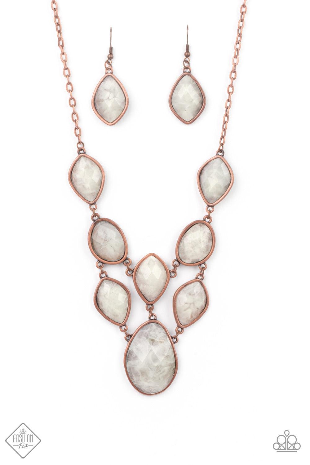 Paparazzi Accessories Opulently Oracle - Copper Featuring faceted surfaces, a collection of cloudy faux stone beads are pressed into rustic copper frames as they link into a mystical netted display below the collar. The asymmetrical frames and staggered p