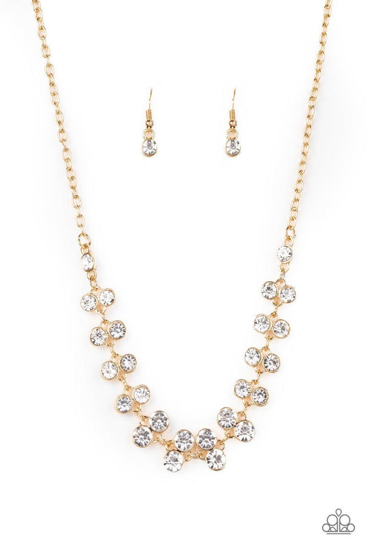 Paparazzi Accessories Super Starstruck - Gold Pairs of glittery white rhinestones join below the collar for a timeless look. Features an adjustable clasp closure. Jewelry