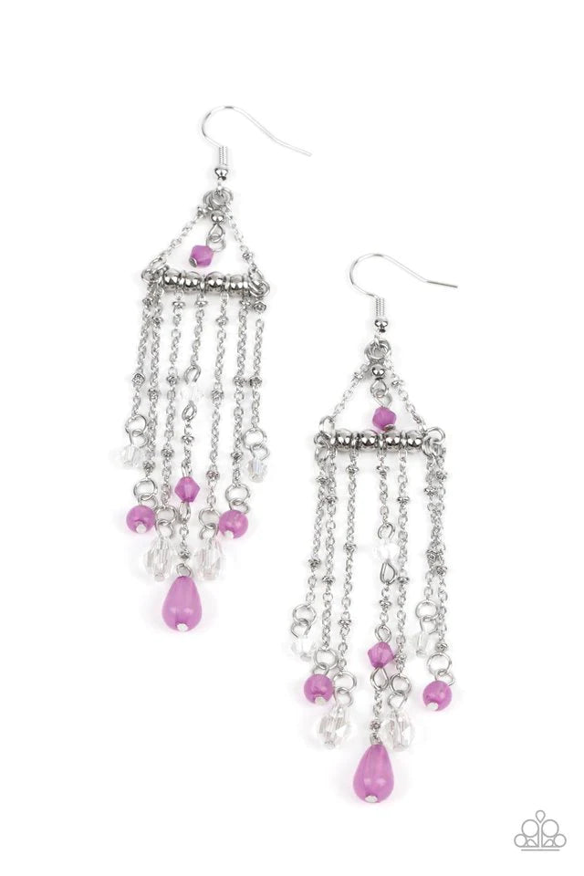 Paparazzi Accessories Marina Breeze - Purple Tassels of silver chains fall from the bottom of a silver bar suspended by a pair of satellite chains. A faceted Lavender bead swings from the top of the frame, with additional Lavender accents and clear crysta