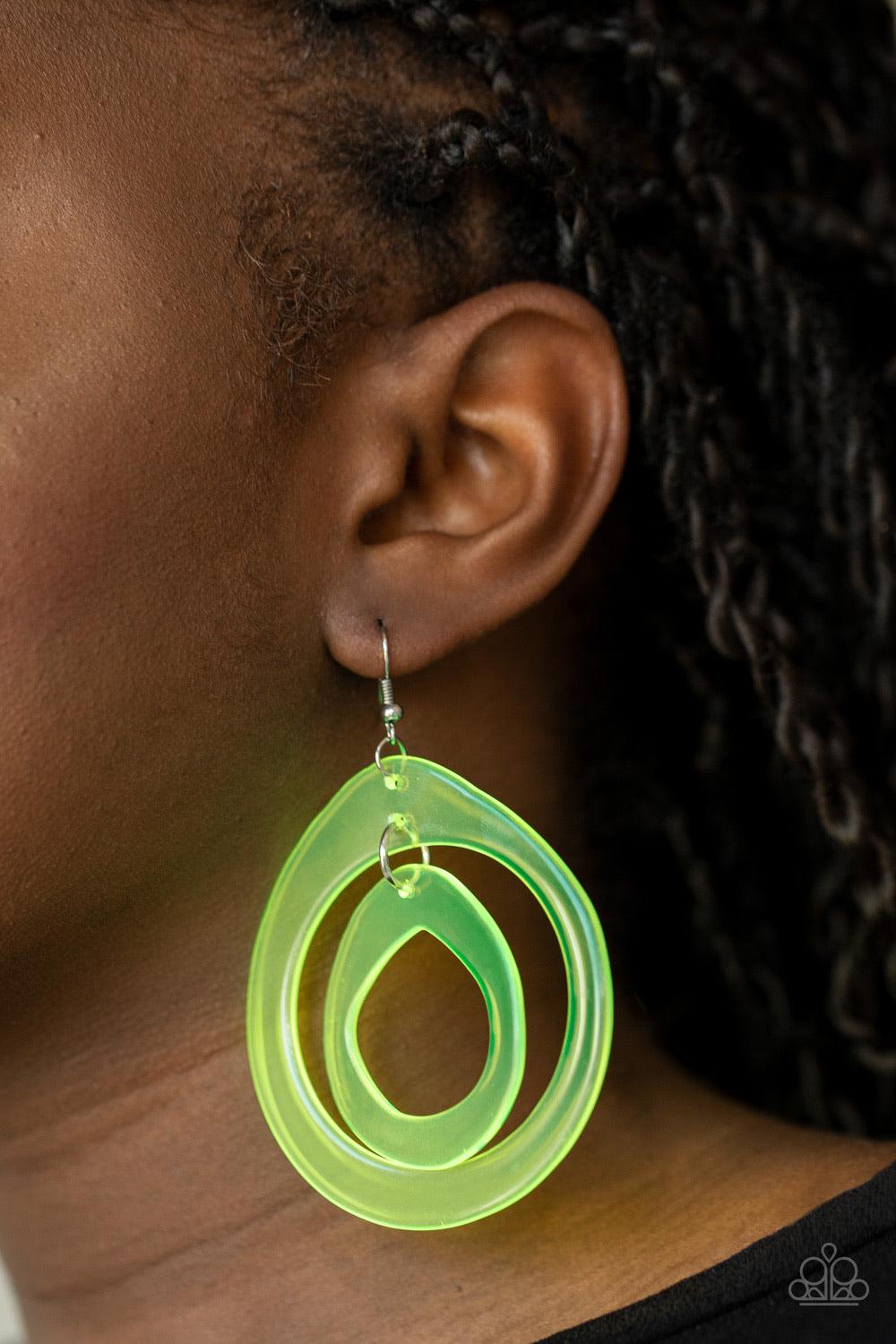 Paparazzi Accessories Show Your True NEONS - Yellow Featuring asymmetrical shapes, neon yellow acrylic hoops link into a dizzying lure for an out-of-this-world experience. Earring attaches to a standard fishhook fitting. Sold as one pair of earrings. Jewe