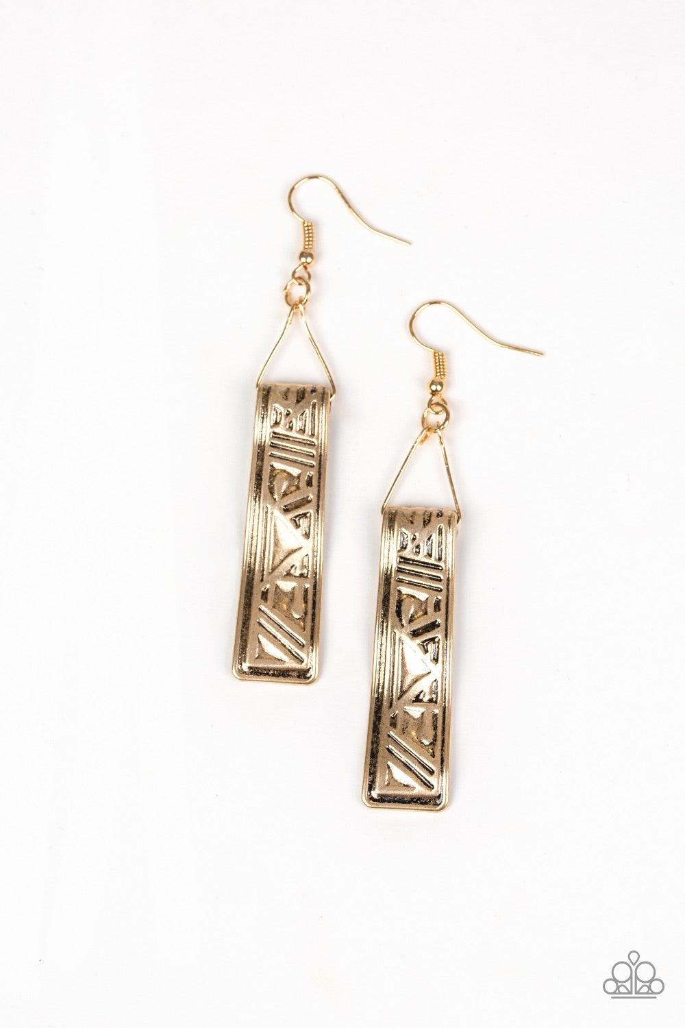 Paparazzi Accessories Ancient Artifacts - Gold Embossed in glyph-like patterns, a hammered gold frame swings from a dainty wire fitting for a tribal inspired finish. Earring attaches to a standard fishhook fitting. Jewelry