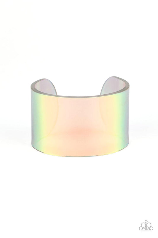 Paparazzi Accessories Holographic Aura - Multi Featuring a holographic shimmer, a thick multicolored acrylic cuff wraps around the wrist for a retro inspired fashion. Jewelry