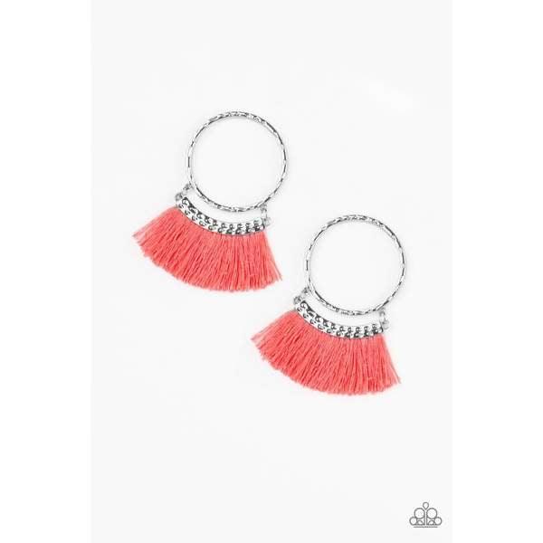 Paparazzi Accessories This is Sparta! - Orange Swinging from the bottom of a hammered silver hoop, shiny coral thread flares from a hammered silver frame for a tasseled look. Earring attaches to a standard post fitting. Sold as one pair of post earrings.