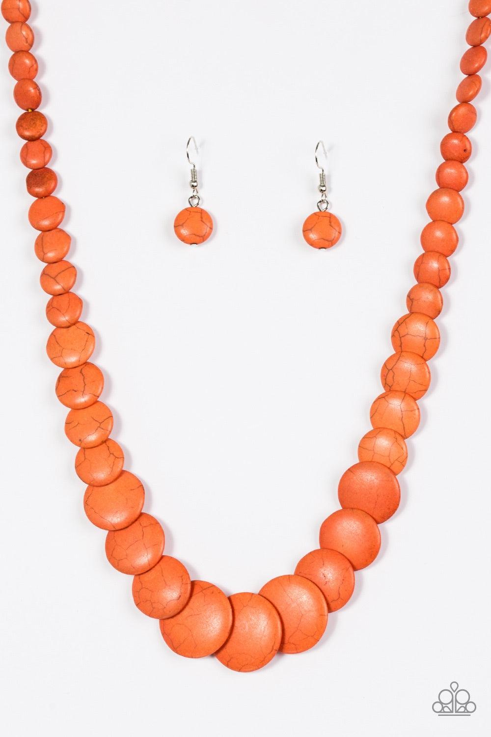 Paparazzi Accessories Desert Flats - Orange Gradually increasing in size, smooth, flat orange stones subtly overlap as they stack below the collar for a refreshing artisanal look. Features an adjustable clasp closure. Jewelry