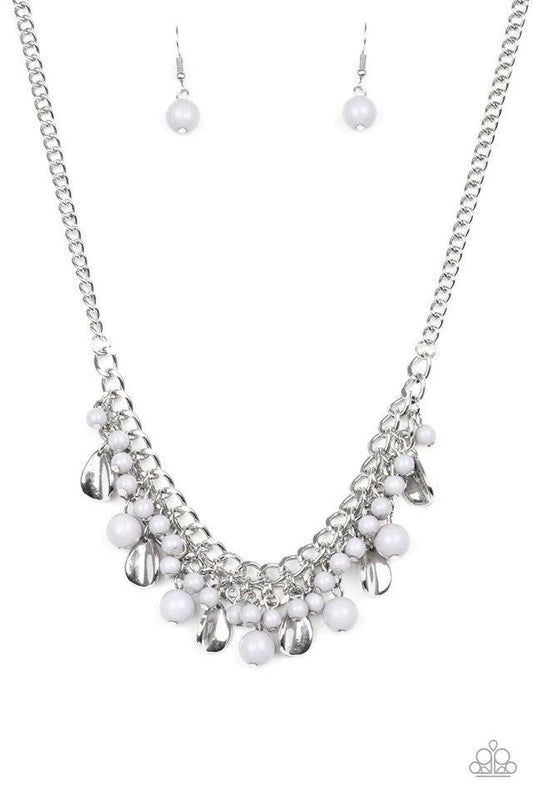Paparazzi Accessories Summer Showdown - Silver Neutral gray beads and curved silver teardrops swing from the bottom of interlocking silver chains, creating a flirtatious fringe below the collar. Features an adjustable clasp closure. Sold as one individual