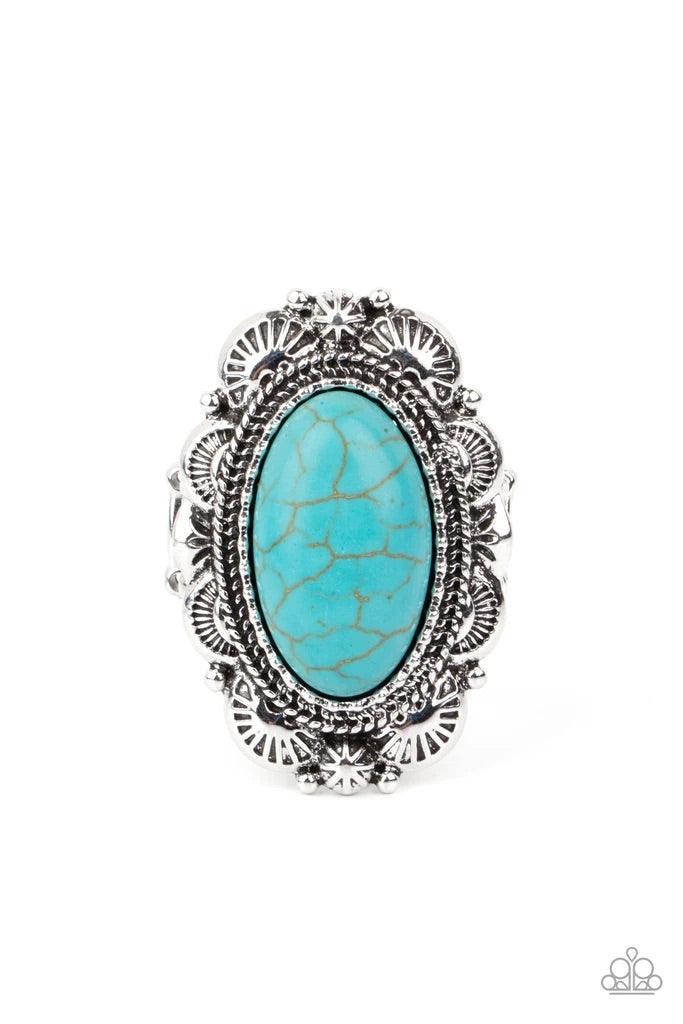 Paparazzi Accessories Bring Down The RANCH House - Blue An oval turquoise stone sits atop a scalloped silver frame decoratively embossed and stamped in rustic patterns, creating a whimsical stone centerpiece atop the finger. Features a stretchy band for a