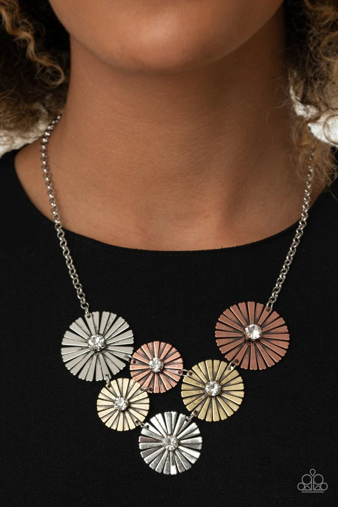 Paparazzi Accessories Flauntable Fanfare - Multi Dotted with white rhinestone centers, an antiqued collection of ribbed brass, copper, and silver floral frames fan out below the collar for a flawless look. Features an adjustable clasp closure. Sold as one