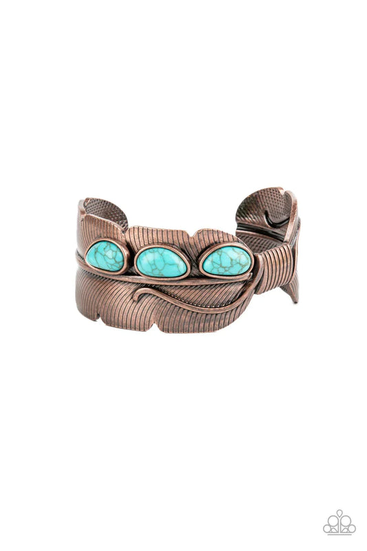 Paparazzi Accessories River Bend Relic - Copper A trio of asymmetrical turquoise stones embellishes the front of a lifelike textured copper feather that curls around the wrist, creating an authentic southwestern cuff. Sold as one individual bracelet. Jewe