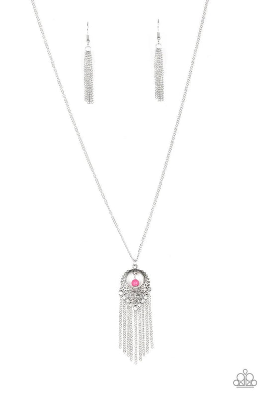 Paparazzi Accessories Western Weather - Pink A vivacious pink stone bead swings from the top of an ornate silver frame. Infused with a tapered tassel, the whimsical pendant swings from the bottom of an elongated silver chain for a wanderlust finish. Featu