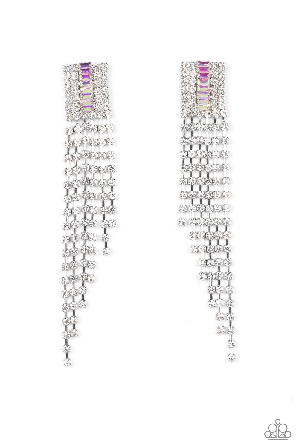 Paparazzi Accessories A-Lister Affirmations - Multi A tapered fringe of glittery white rhinestones streams out from the bottom of a rectangular silver frame. Dotted in rows of blinding white rhinestones, the center of the glitzy fitting is infused with a