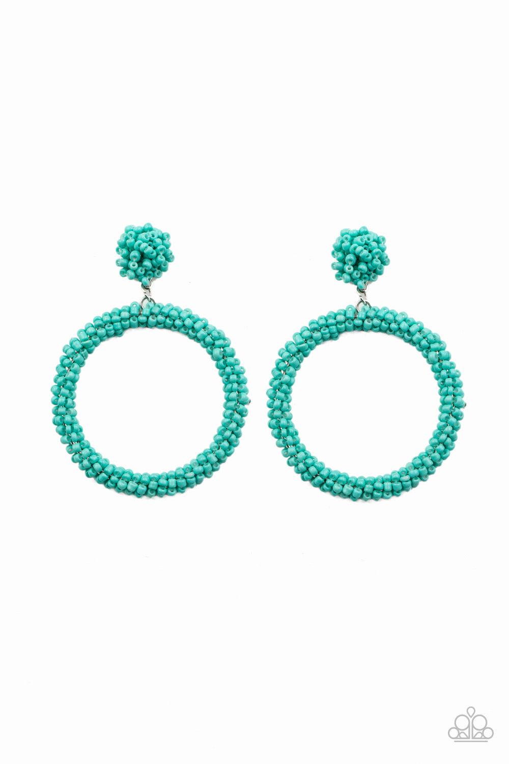 Paparazzi Accessories Be All You Can BEAD - Blue A refreshing collection of dainty turquoise seed beads are woven around a circular frame at the bottom of a matching beaded fitting, creating a colorful hoop. Earring attaches to a standard post fitting. So