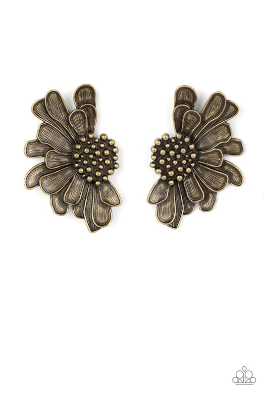 Paparazzi Accessories Farmstead Meadow - Brass Imperfect brass petals bloom from a studded center, layering into a rustic half blossom for a whimsical flair. Earring attaches to a standard post fitting. Sold as one pair of post earrings.