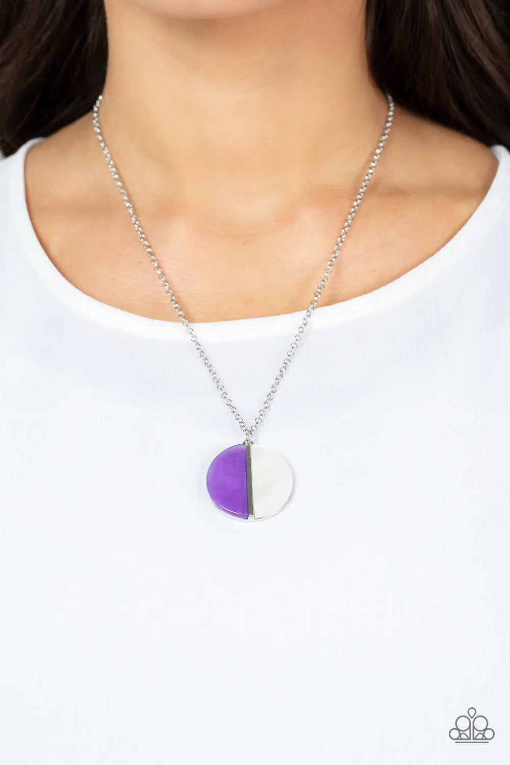 Paparazzi Accessories Elegantly Eclipsed - Purple A pair of amethyst stone and white shell-like half moon frames adorn the front of a round silver fitting, creating a whimsical pendant below the collar. Features an adjustable clasp closure. Sold as one in