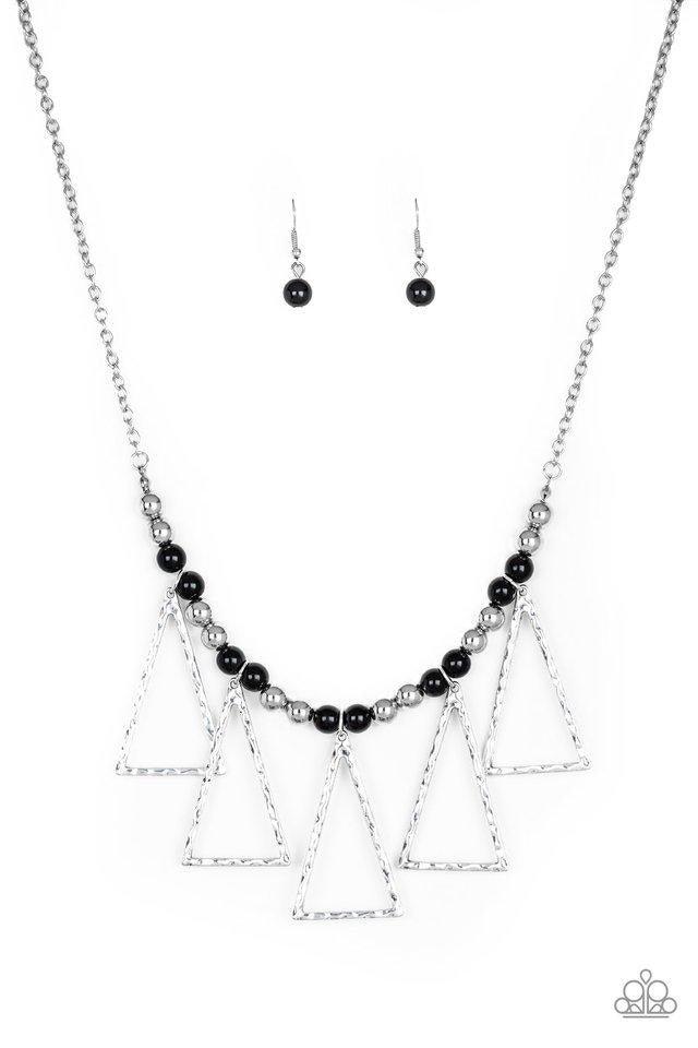 Paparazzi Accessories Terra Nouveau - Black A collection of shiny silver and shiny black beads are threaded along an invisible wire below the collar. Hammered triangular frames swing from the bottom of the colorful compilation, creating an artistic fringe